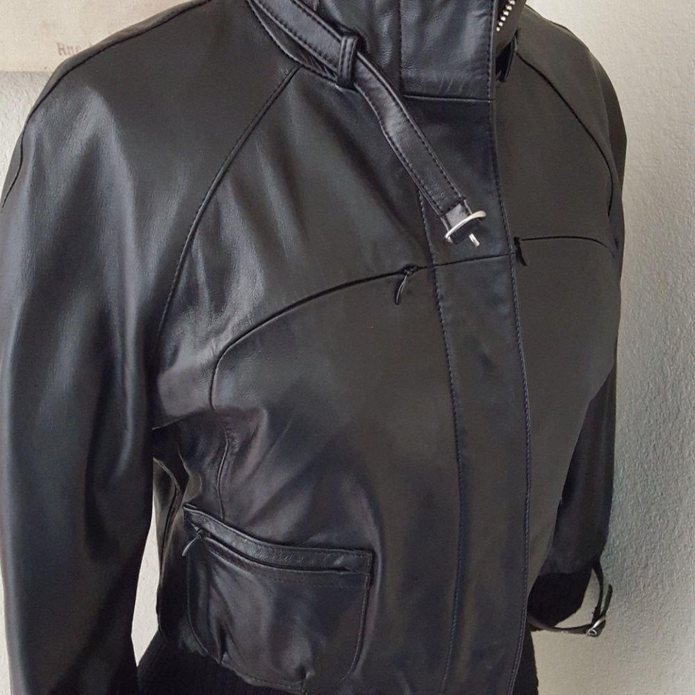 Bebe 90's Vintage Leather Funnel Neck Moto Style Jacket - Picture 3 of 8